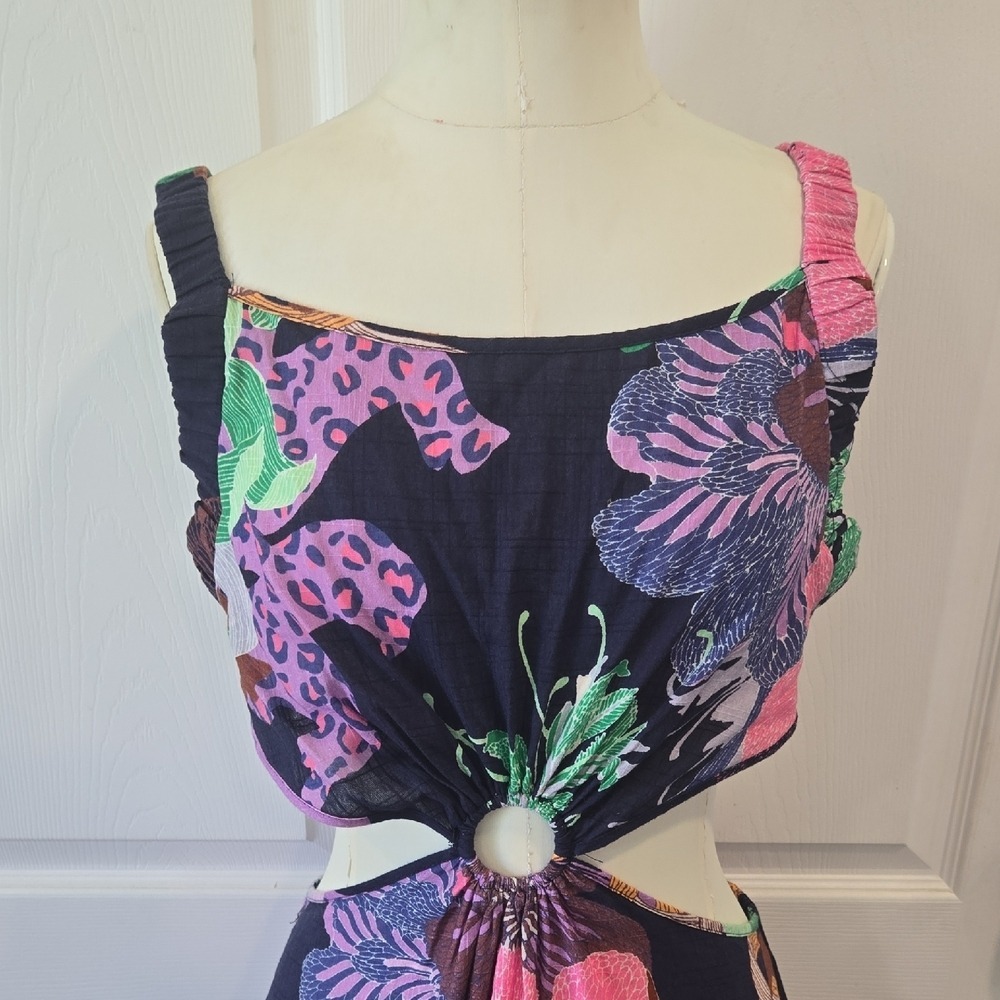 Maeve by Anthropologie Floral Leopard O-Ring Cut-Out Maxi Dress Navy Large - Picture 2 of 8